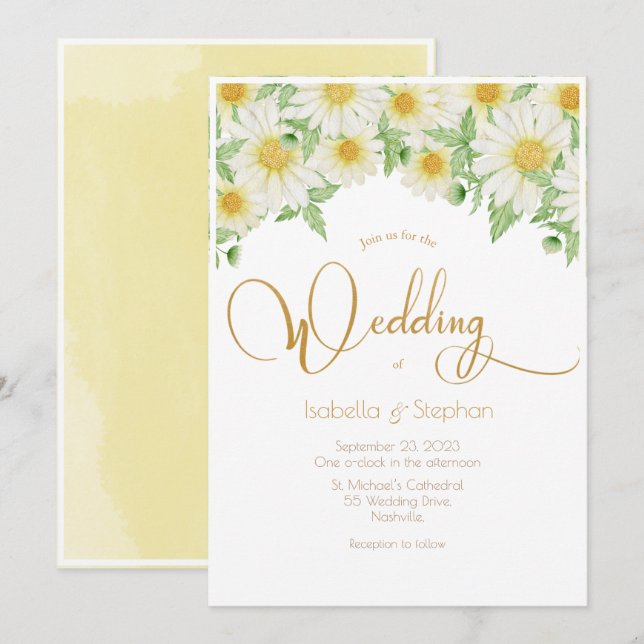 Daisies White Yellow Floral Script Wedding Einladung (Vorne/Hinten)