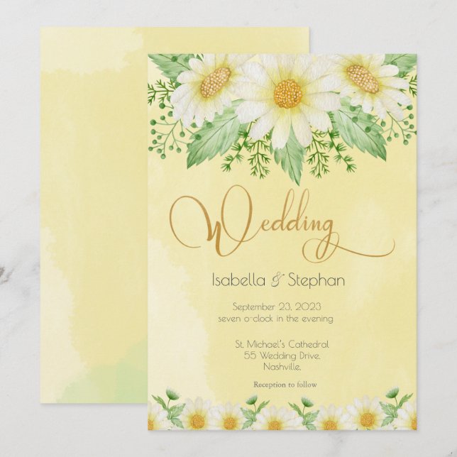 Daisies White Yellow Floral Script Wedding Einladung (Vorne/Hinten)