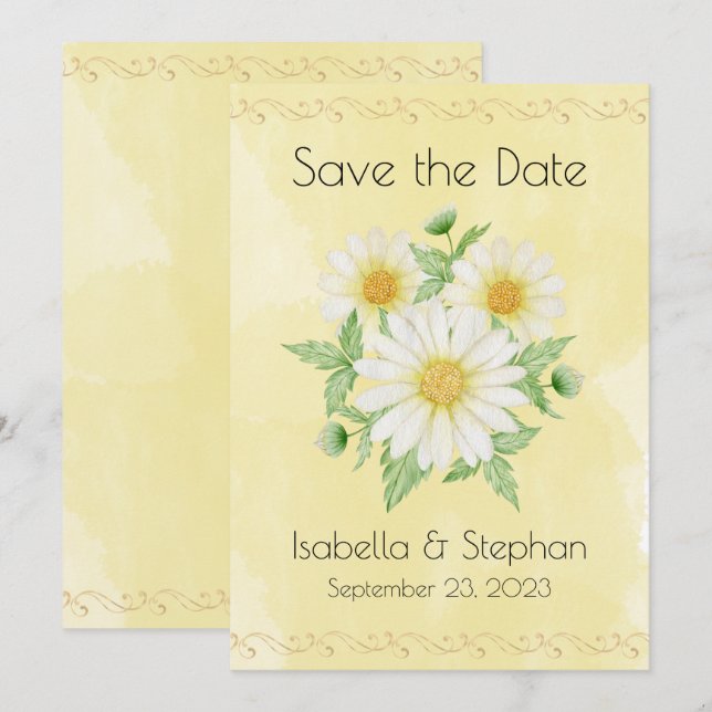 Daisies White Yellow Floral Typografy Rett Save The Date (Vorne/Hinten)