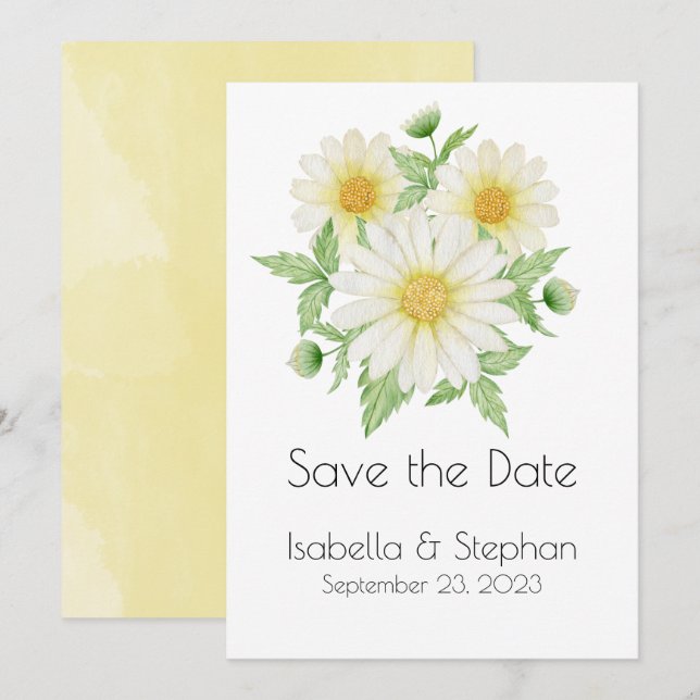 Daisies White Yellow Floral Typografy Save The Date (Vorne/Hinten)