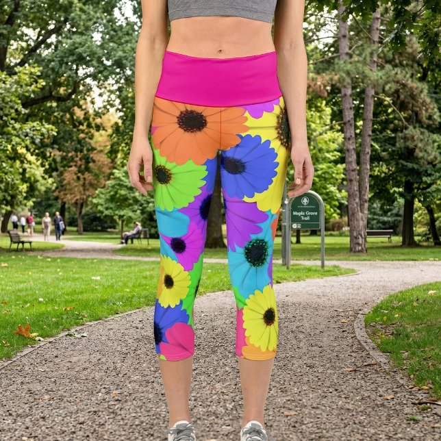 Daisis oder Marigolds farbenfrohe psychedelische M Capri Leggings (Colorful Psychedelic Daisy Floral Pattern. Capri Leggings)