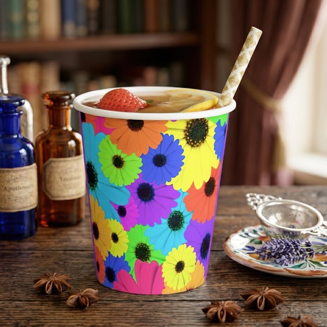 Daisis oder Marigolds farbenfrohe psychedelische M Pappbecher (Colorful Psychedelic Daisy Floral Pattern. Paper Cups)