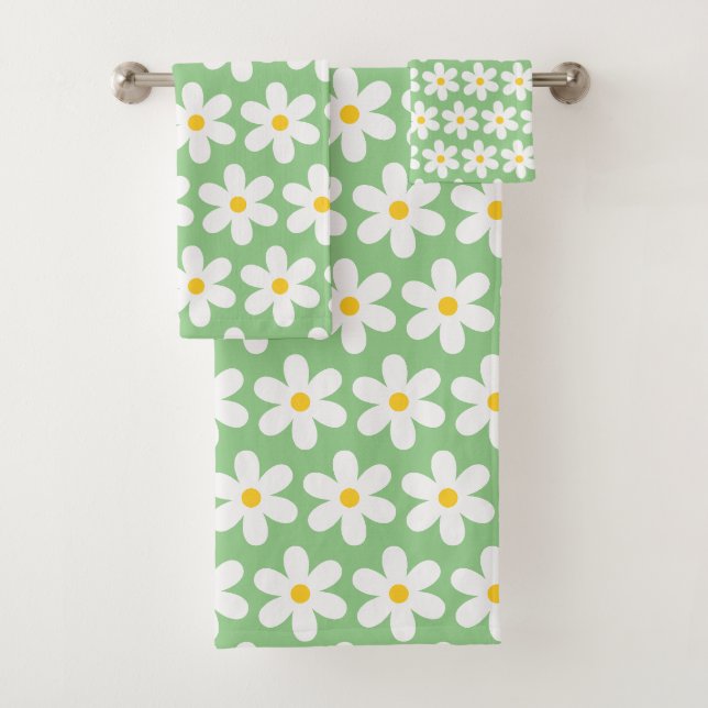Daisis Retro Blumenmuster Weiß Grün Badhandtuch Set (Insitu)