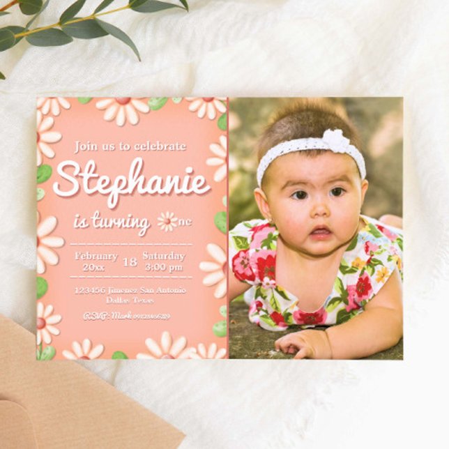 Daisy 1er Anniversaire Invitation fille avec photo (Daisy 1st Birthday Girl Landscape Invitation with Photo Picture
)