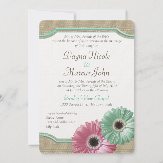 Daisy and Burlap Mint Green und Pink Einladung (Vorderseite)