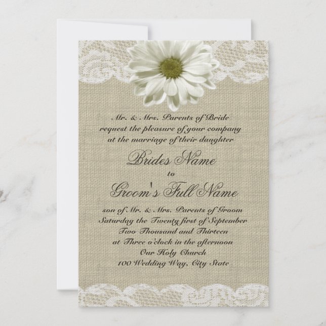 Daisy and Lace Country Burlap Wedding Einladung (Vorderseite)