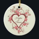 Daisy and Open Heart Wedding Keepsake or Favor Keramik Ornament<br><div class="desc">This pretty wedding keepsake ornament has a graphic of an open heart surrounded with an intricate design of flowers, leaves and blades of grass. Das ganze Motiv is in shades of pink and mauve. There multipetaled flowers with a round center. They bleibt zusammen. There are smaller flowers in dark mauve....</div>