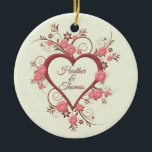 Daisy and Open Heart Wedding Keepsake or Favor Keramik Ornament<br><div class="desc">This pretty wedding keepsake ornament has a graphic of an open heart surrounded with an intricate design of flowers, leaves and blades of grass. Das ganze Motiv is in shades of pink and mauve. There multipetaled flowers with a round center. They bleibt zusammen. There are smaller flowers in dark mauve....</div>