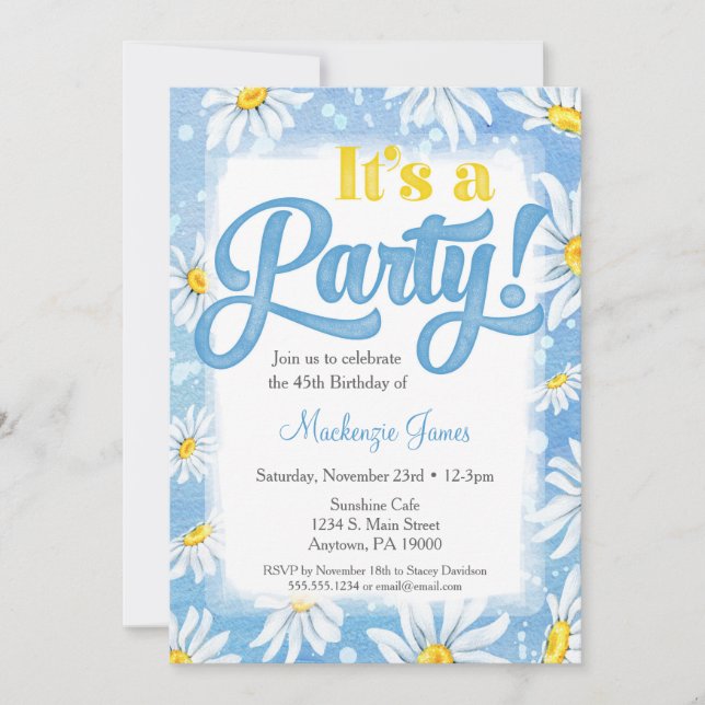 Daisy Anniversaire Invitation Bleu Jaune Floral (Devant)