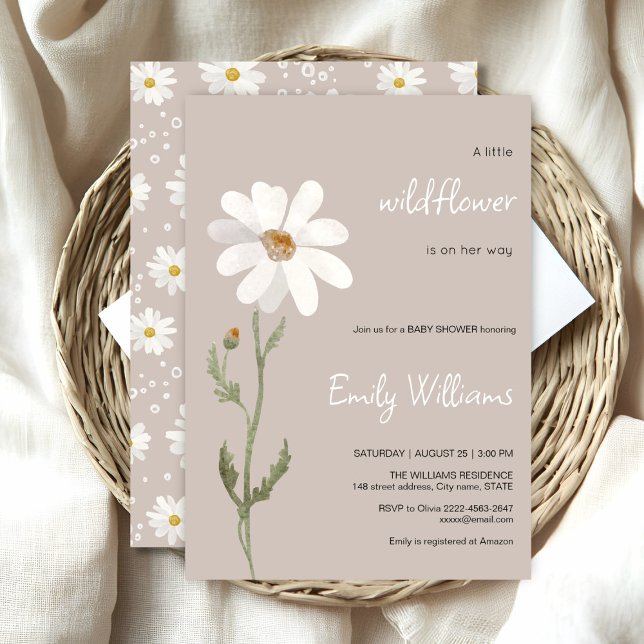 Daisy Aquarell minimalistische Babydusche Einladung (Daisy wildflower watercolor baby in bloom floral shower invitation in beige colors, rustic, boho)