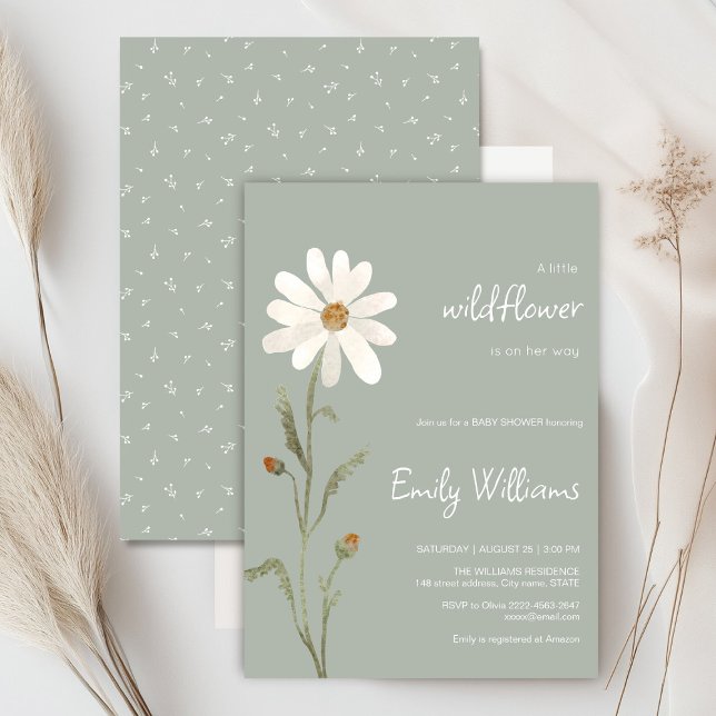 Daisy Aquarell minimalistische Babydusche Einladung (Daisy wildflower watercolor baby in bloom floral shower invitation in sage colors, rustic, boho)