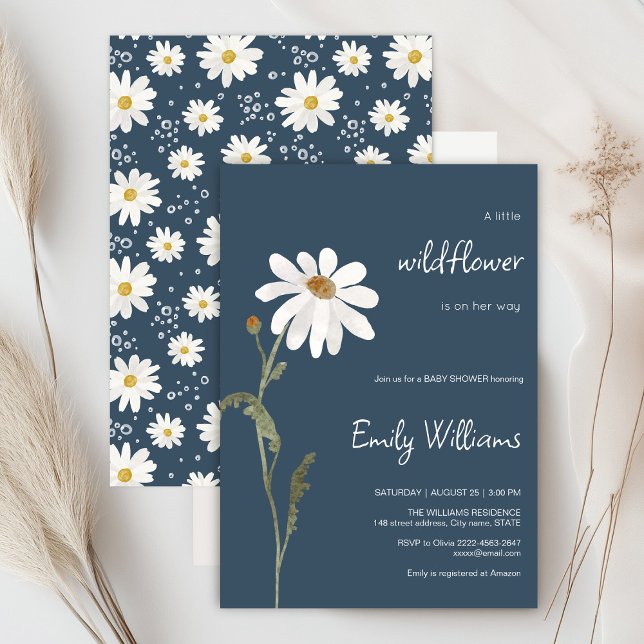 Daisy Aquarell minimalistische Babydusche Einladung (Daisy wildflower watercolor baby in bloom floral shower invitation in blue colors, rustic, boho)