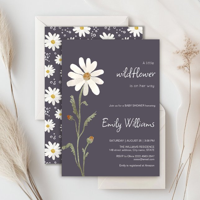 Daisy Aquarell minimalistische Babydusche Einladung (Daisy wildflower watercolor baby in bloom floral shower invitation in purple colors, rustic, boho)