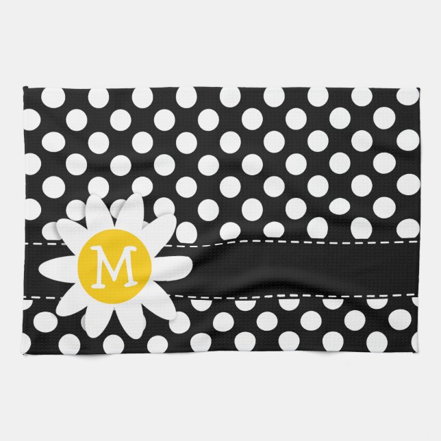 Daisy auf schwarzen und weißen Polka-Punkten Geschirrtuch (Horizontal)