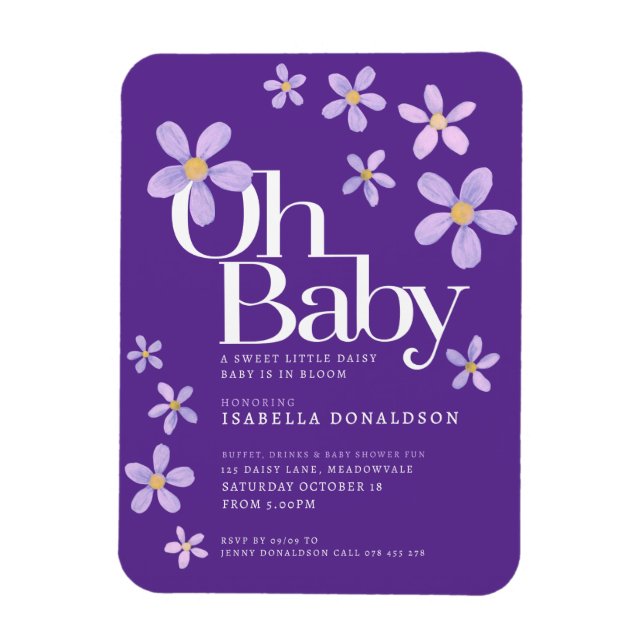 Daisy Baby Dusche oh Baby lila Einladungen Magnet (Vertikal)