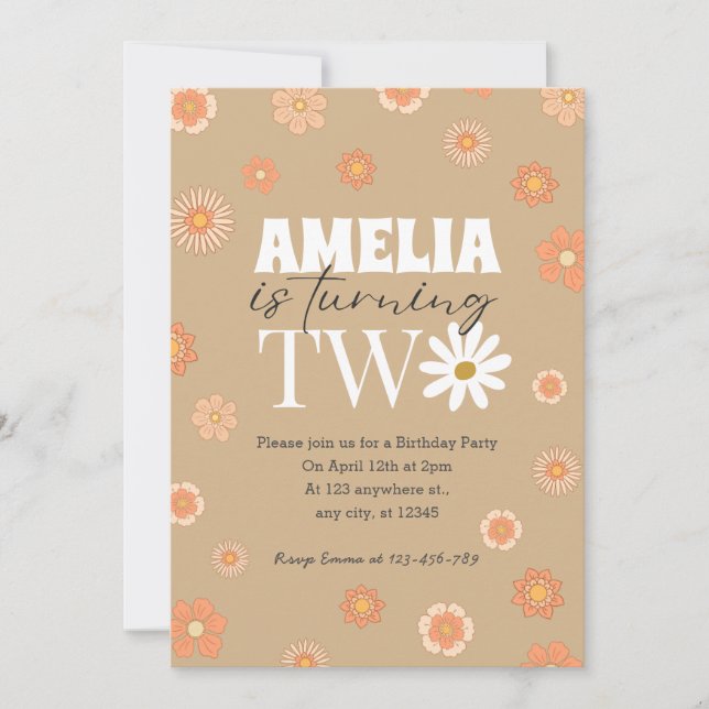 Daisy Beige Two Invitation pour le 2e anniversaire (Devant)