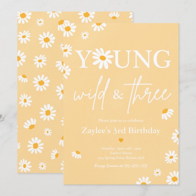 Daisy Birthday Party Bohmian Young Wild und drei Einladung (Vorne/Hinten)