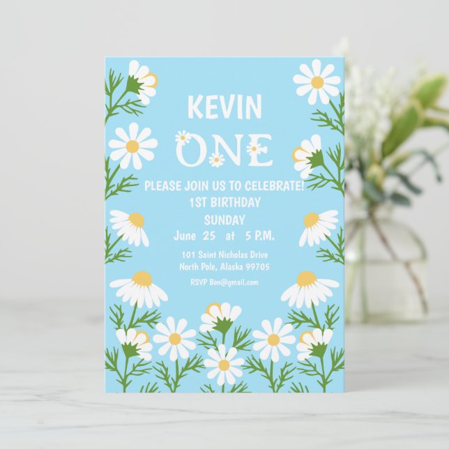 Daisy Birthday Party Boho Einladung zum 1. Geburts (Stehend Vorderseite)