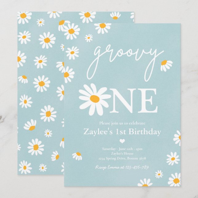 Daisy Birthday Party Boho Groovy 1. Geburtstag Einladung (Vorne/Hinten)