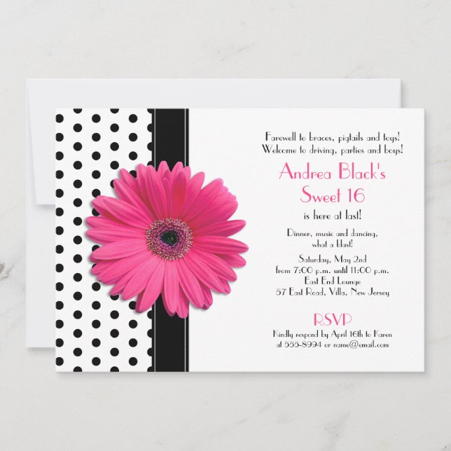 Daisy Black White Polka Dot Sweet 16 Invitation (Devant)