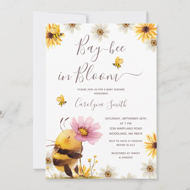 Daisy Blume Bay Bee in Bloom Baby Shower Einladung (Vorderseite)