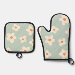 Daisy Blume Blumengrün Muster Pastellfarben Ofenhandschuh & Topflappen-Set