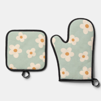 Daisy Blume Blumengrün Muster Pastellfarben Ofenhandschuh & Topflappen-Set
