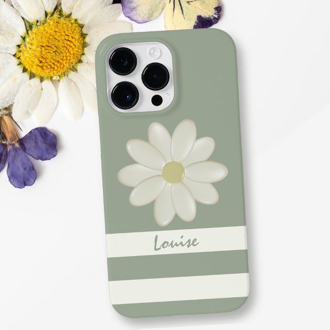 Daisy Blume Cream Stripes Sage Green Name iPhone 15 Pro Max Hülle (A sage green daisy phone case with space for your name)
