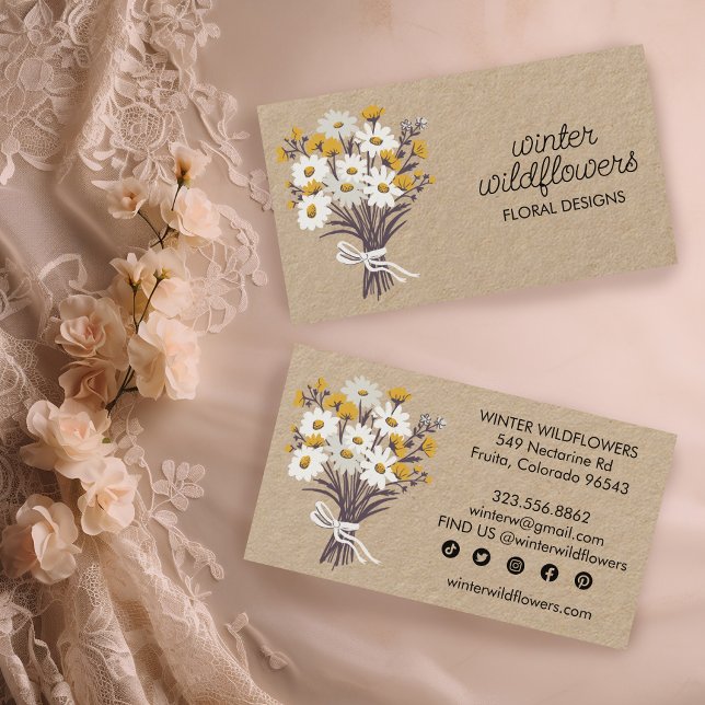 Daisy Bouquet Elegante Charming Social Icons Kraft Visitenkarte (Daisy Bouquet Elegant Charming Social Media Icons Kraft Business Card Floral
)