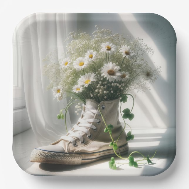 Daisy Bouquet in weißem Sneaker Pappteller (Vorderseite)