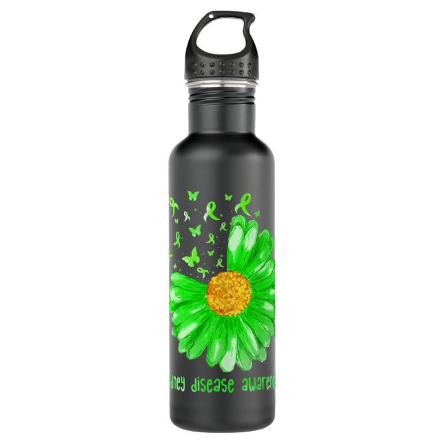 Daisy Butterfly Green Ribbon Kidney Disease Awaren Edelstahlflasche (Vorderseite)
