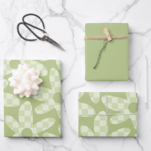Daisy Check Sage Green Retro Modern Pattern Geschenkpapier Set