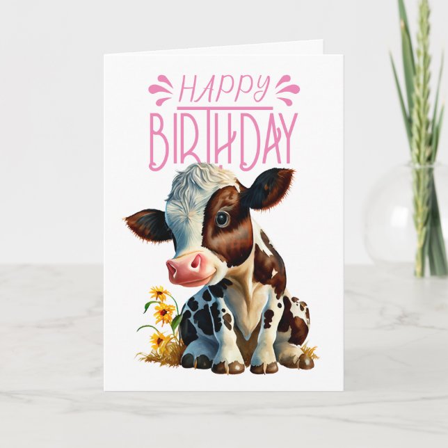 Daisy Cow Birthday Girl Pink Karte (Vorderseite)