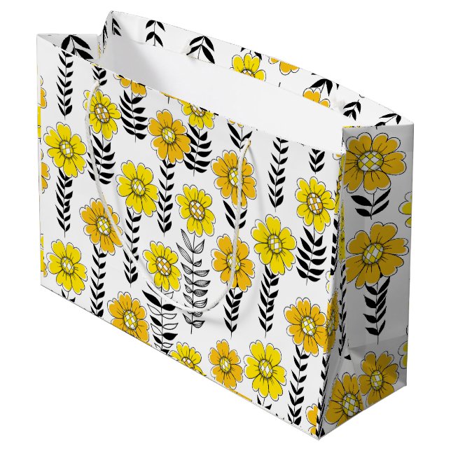Daisy Doodles in Gelb und Schwarz Große Geschenktüte (Rückseite Schrägansicht)