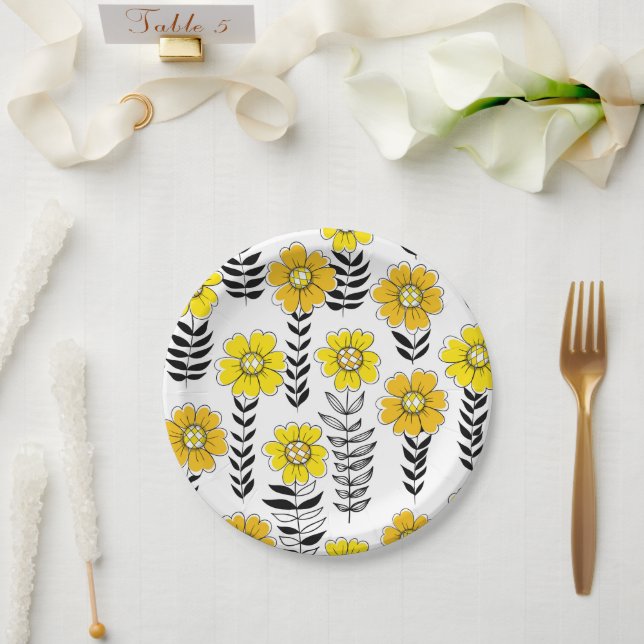 Daisy Doodles in Gelb und Schwarz Pappteller (Hochzeit)
