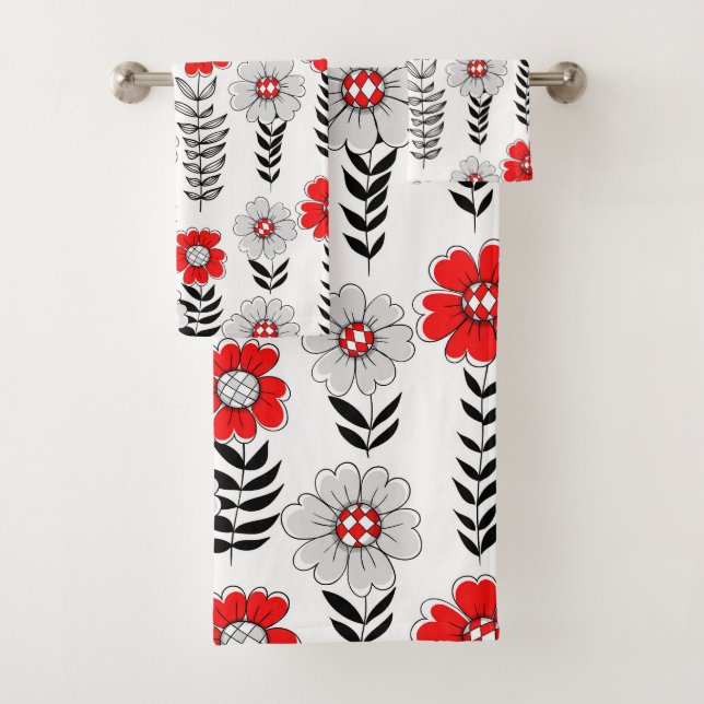 Daisy Doodles in rot und schwarz Badhandtuch Set (Insitu)