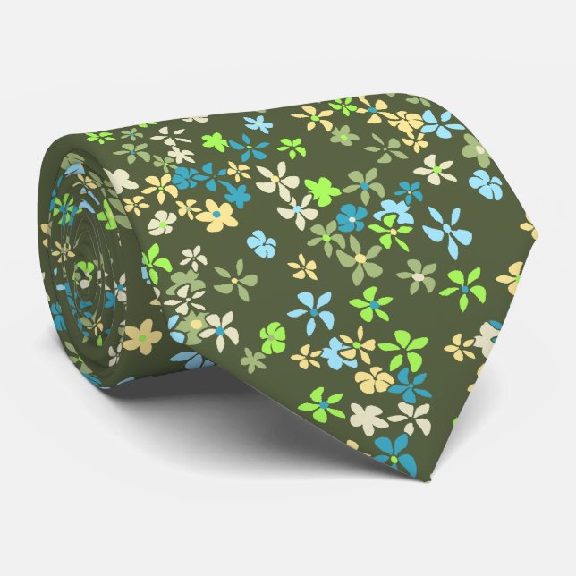 Daisy Dot Floral Olive zweiseitig bedruckt Krawatte (Gerollt)