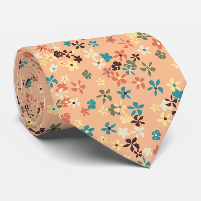 Daisy Dot Floral Peach Single-seitig bedruckt Krawatte (Gerollt)
