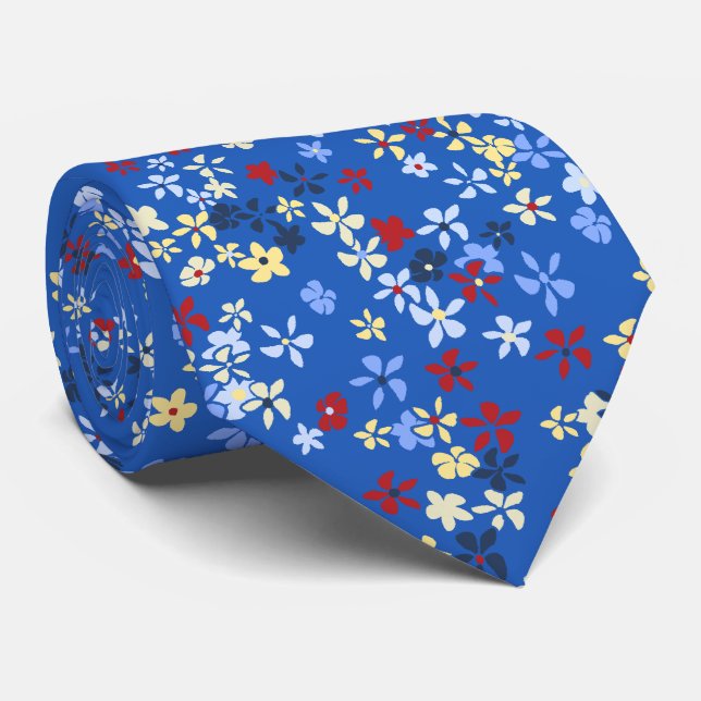 Daisy Dot Floral Royal zweiseitig bedruckt Krawatte (Gerollt)