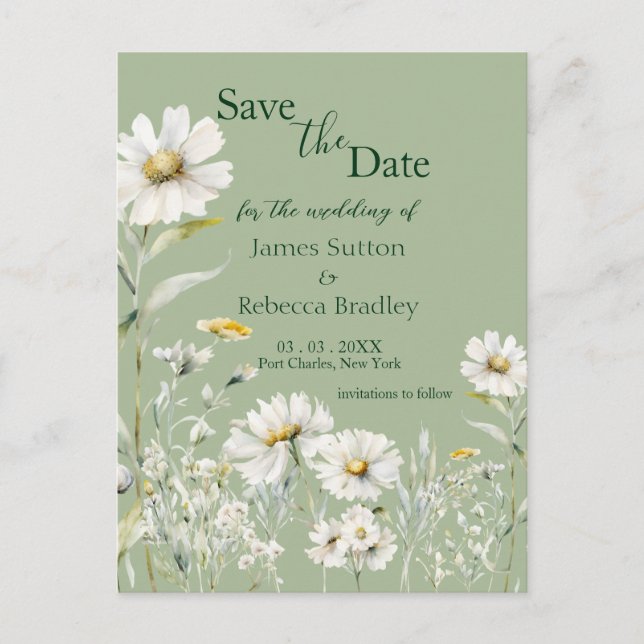Daisy Earthy Sage & Botanical  Save the Date Postkarte (Vorderseite)