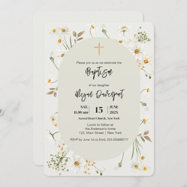 Daisy élégant Floral Boho Baptism Invitation (Devant / Derrière)