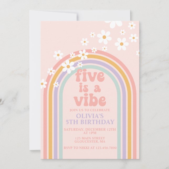 Daisy Five ist ein Vibe Pastel Regenbogen 5. Gebur Einladung (Vorderseite)