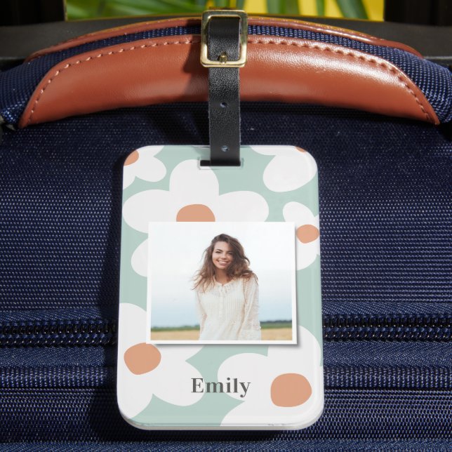 Daisy floral boho retro orange blaues Foto Gepäckanhänger (Vorderseite Insitu 2)