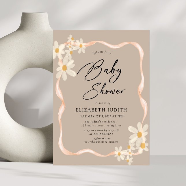 Daisy Floral Brown Babydusche Einladung (Von Creator hochgeladen)