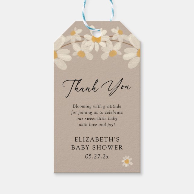 Daisy Floral Brown Babydusche Vielen Dank Geschenkanhänger (Vorderseite)