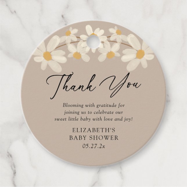 Daisy Floral Brown Babydusche Vielen Dank Geschenkanhänger (Vorderseite)