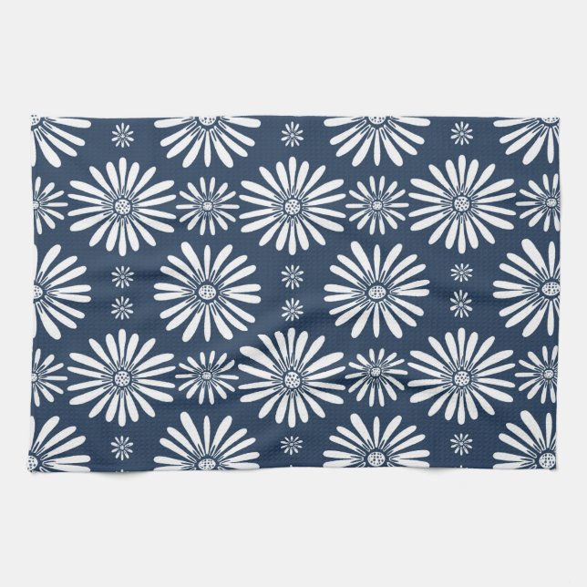 Daisy FLoral Muster Blue White Geschirrtuch (Horizontal)