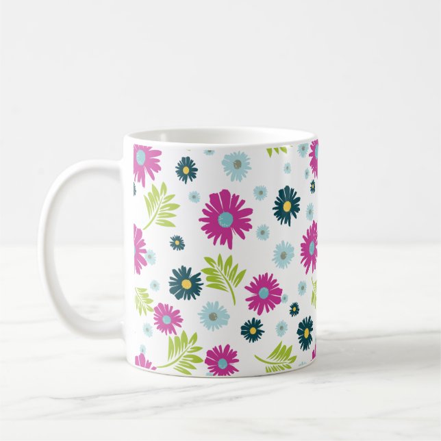 Daisy Floral Pink Blue Green Leaf Muster Kaffeetasse (Links)