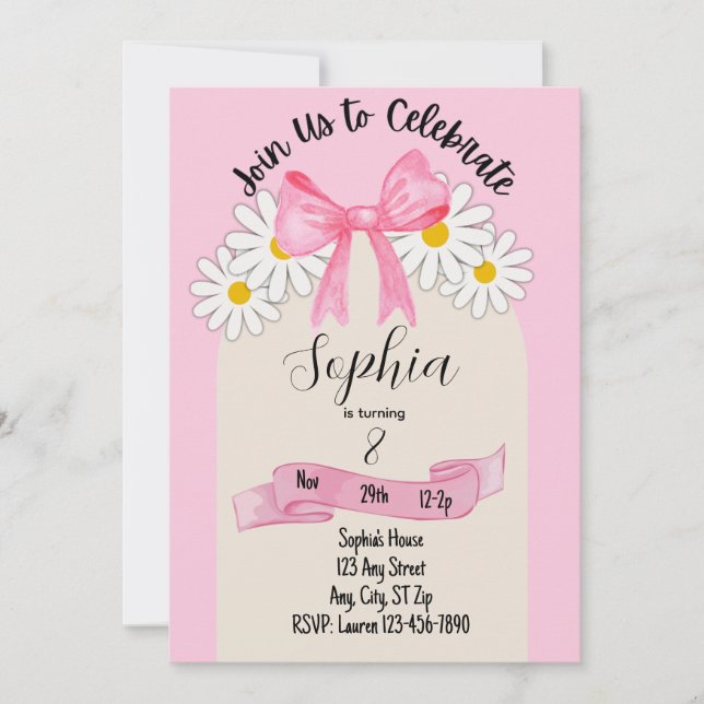 Daisy Flower and Bow Birthday Invitation (Devant)