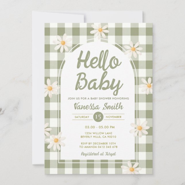 Daisy Gingham Hello Baby Shower Invitation Einladung (Vorderseite)